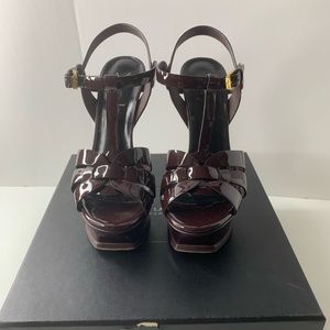 Saint Laurent YSL Tribute Patent Sandals Amaretto